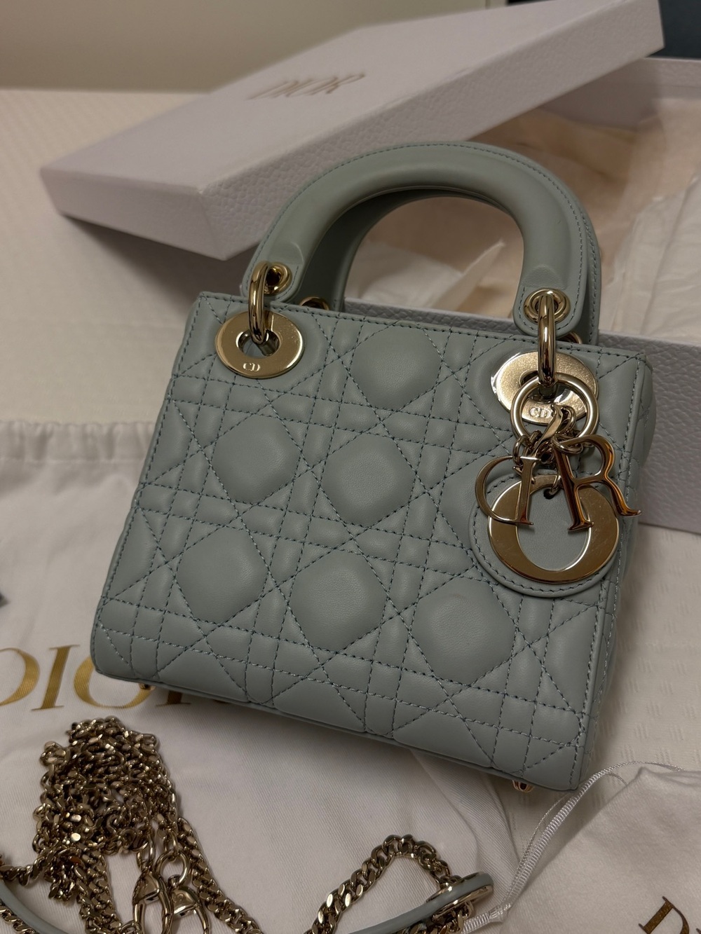 Dior Mini Lady Dior Top Handle Bag in Pale Slate Gray with Gold Hardware - Picture 2 of 10